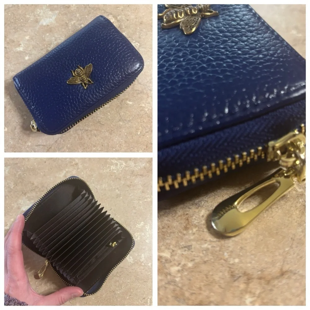 Elegant Navy Blue Faux Leather Card Holder with Brass Bee Accent